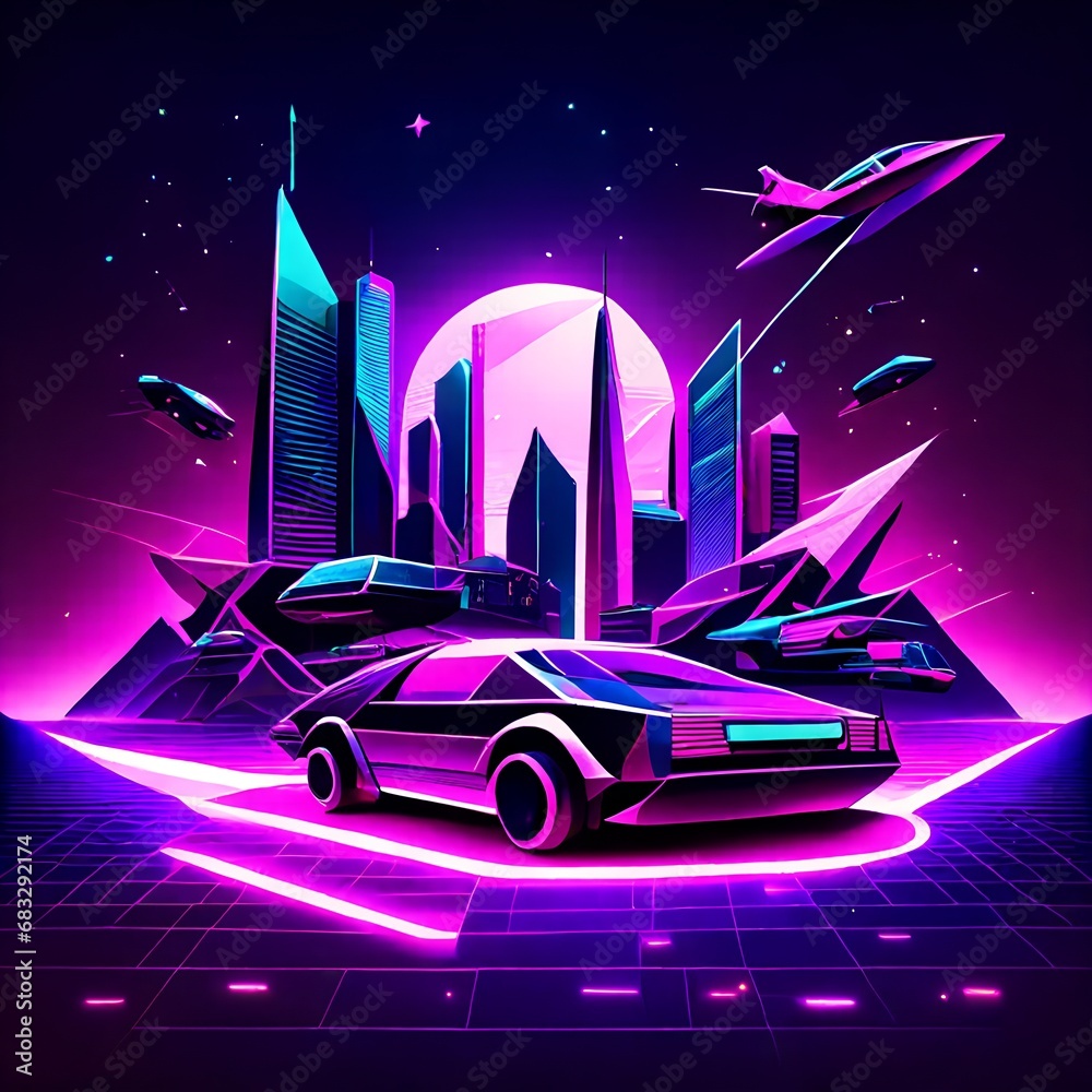 Geometric Illustration of a Futuristic Cityscape with Neon Lights and Flying Cars