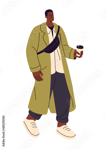 Stylish people. Young man with waist bag walking. Citizen carrying paper cup of coffee. Boy wearing trench coat, casual outfit. Urban fashion. Flat isolated vector illustration on white background