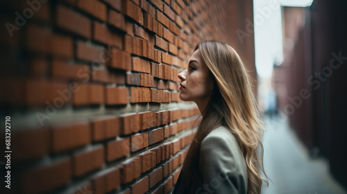 Businesswoman facing a brick wall, photo