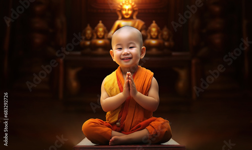 Portrait of smiling Buddhist monk baby sitting in lotus pose in temple photo