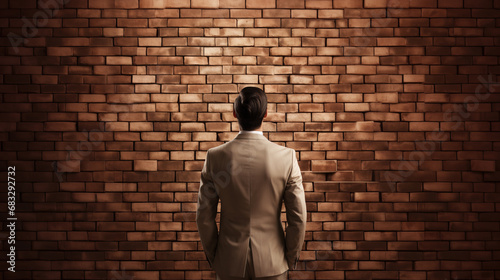 Facing a brick wall concept with business man facing a huge bricks wall