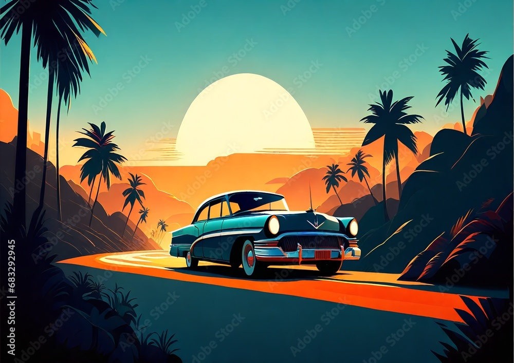 Vintage Car Cruising Down a Palm-Lined Road