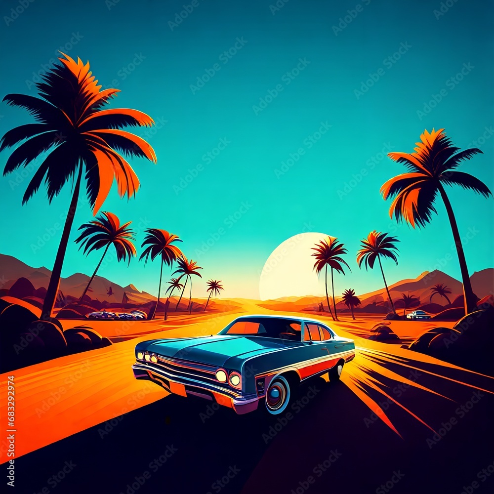 Vintage Car Cruising Down a Palm-Lined Road