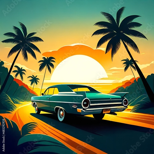 Vintage Car Cruising Down a Palm-Lined Road © Phary