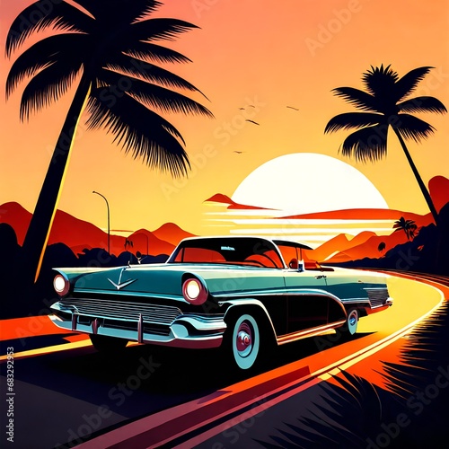 Vintage Car Cruising Down a Palm-Lined Road