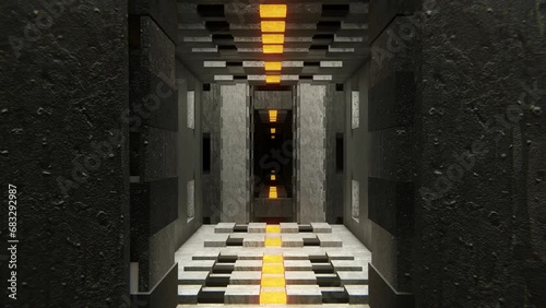Abstract room interior made of boxes and cubes, grid structure with light pulses in orange, Seamless VJ Loop
