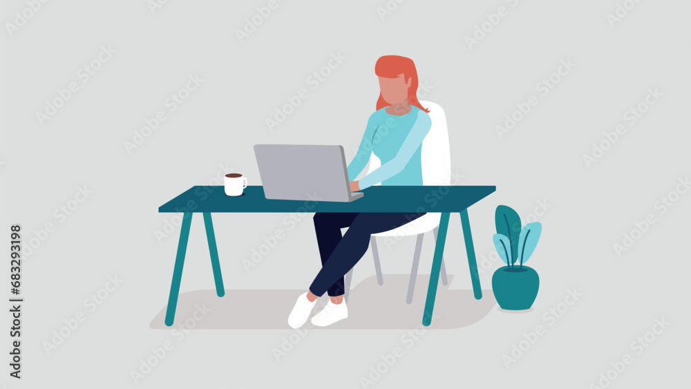 Eine Person sitzt entspannt an ihrem Schreibtisch und arbeitet am Laptop - Home Office Konzept Eine Person sitzt entspannt an ihrem Schreibtisch und arbeitet am Laptop - Home Office Konzept