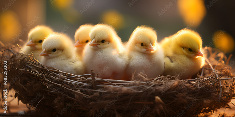 The group of little yellow chicks sitting together in nest with blur background