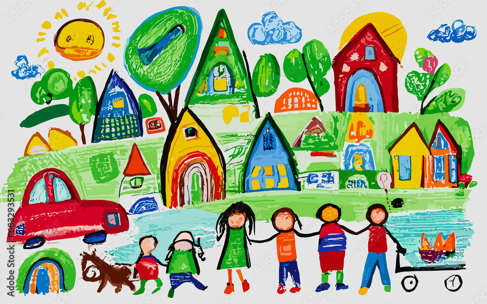 Naklejka premium Imaginary Utopia Captivating Expressions of Youthful Genius in the Artistry of House and Garden Illustrations, Infused with the Radiance of Rainbow Crayons