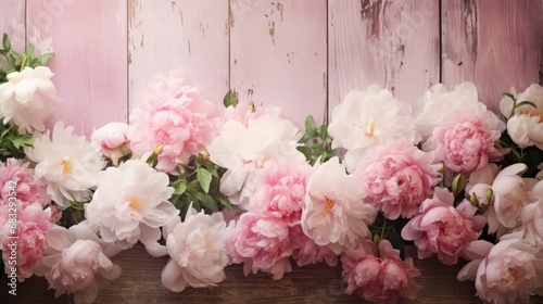 Blooms of Home Bliss: Stock images showcase lovely peony pink and white flowers against a rustic wall background, bringing a touch of sweet home charm. © pvl0707