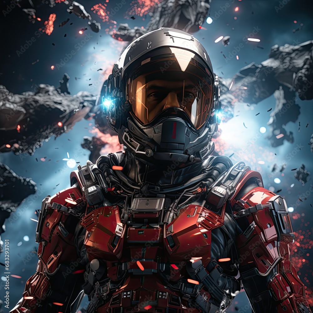 Space soldier in space with red armor suit, many lights in background, illustration Space soldier in space with red armor suit, many lights in background, illustration