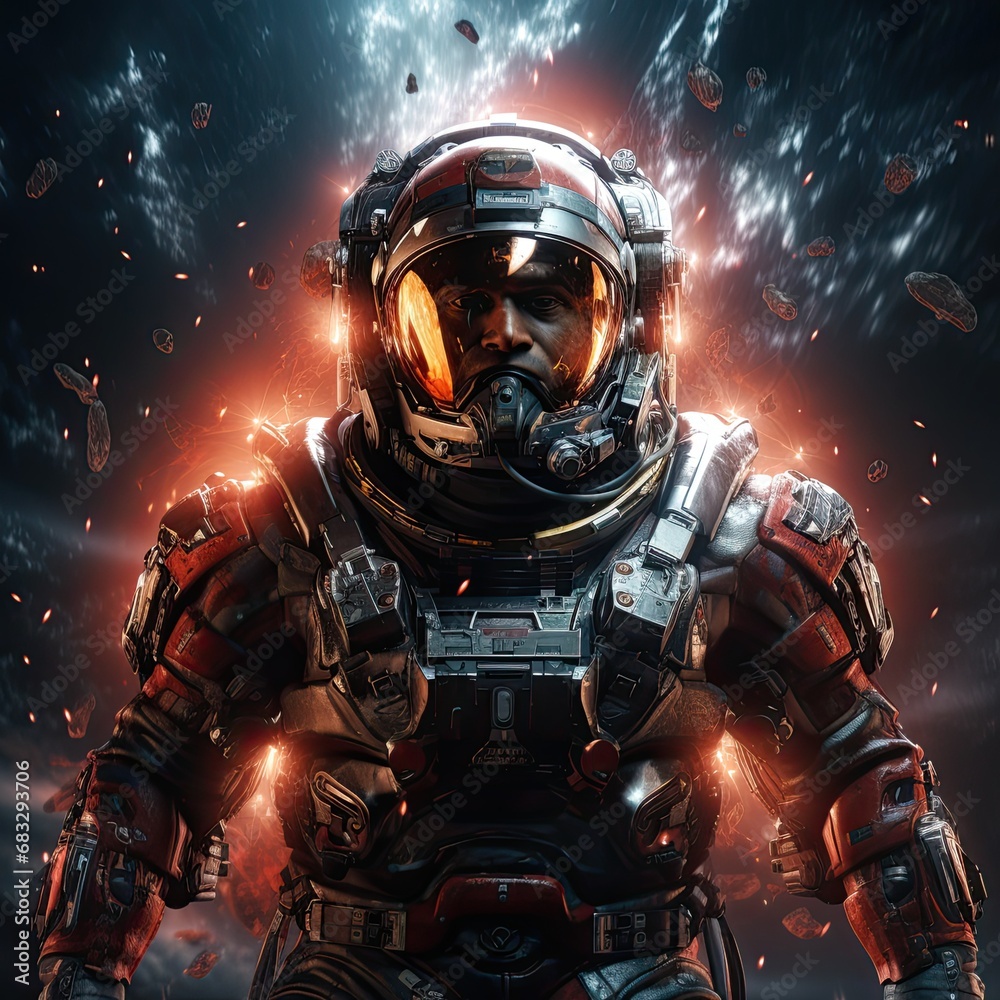 Fototapeta premium a space soldier in space with red armor suit, illustration