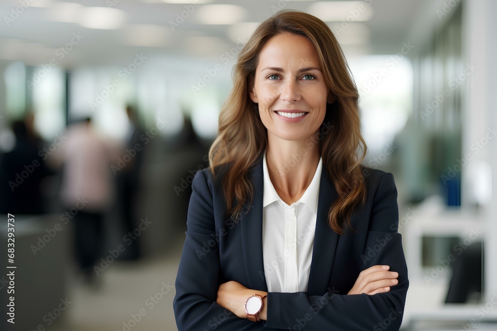 Happy confident business woman leader looking away standing in office. Smiling professional businesswoman manager executive, female worker feeling cheerful thinking of financial success. generative AI - obrazy, fototapety, plakaty 