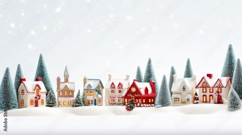 Stock images capture the magic of Christmas with a miniature holiday village—little ceramic houses, snowy fir trees, and festive decorations on a white background. Stock images capture the magic of Christmas with a miniature holiday village—little ceramic houses, snowy fir trees, and festive decorations on a white background.