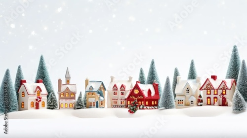 Stock images capture the magic of Christmas with a miniature holiday village—little ceramic houses, snowy fir trees, and festive decorations on a white background.