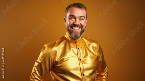 Grumpy 37-year-old male farmer, smiling and laughing, wearing a Bright solid gold dress