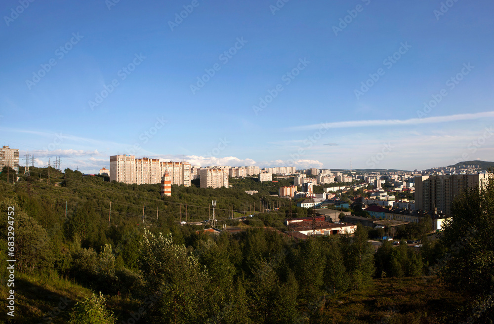A picturesque view of the city from the observation deck on the southern shore of Semenovskoye Lake. Murmansk. Russia