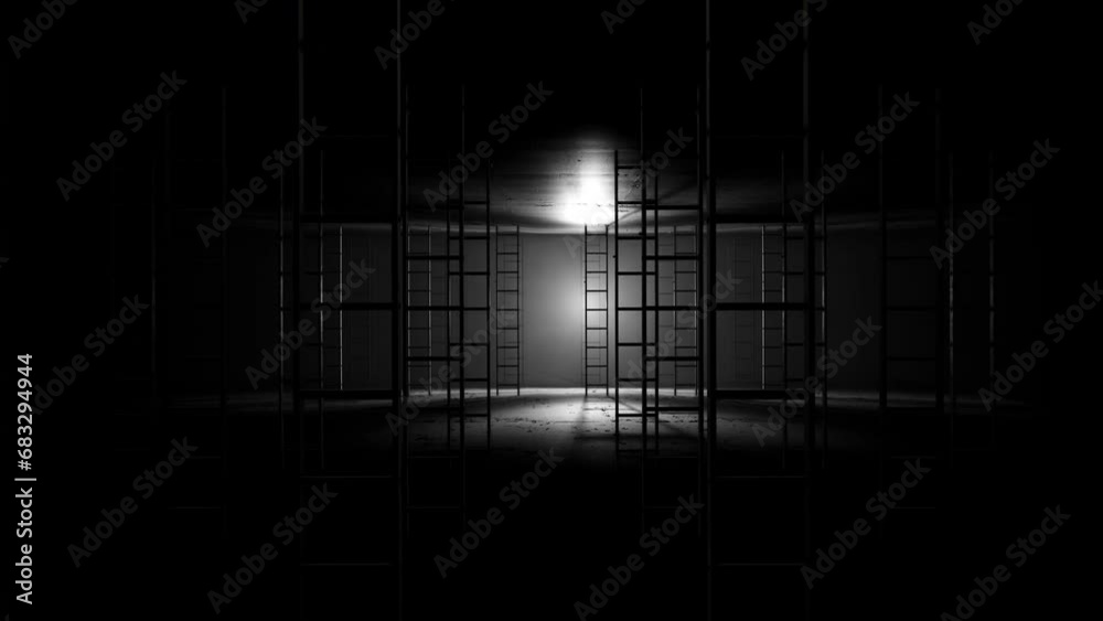 Ladders in a dark hall, camera moving forward with  lights turning on and off on the beat, underground feeling with light and shadow play, seamless VJ Loop
