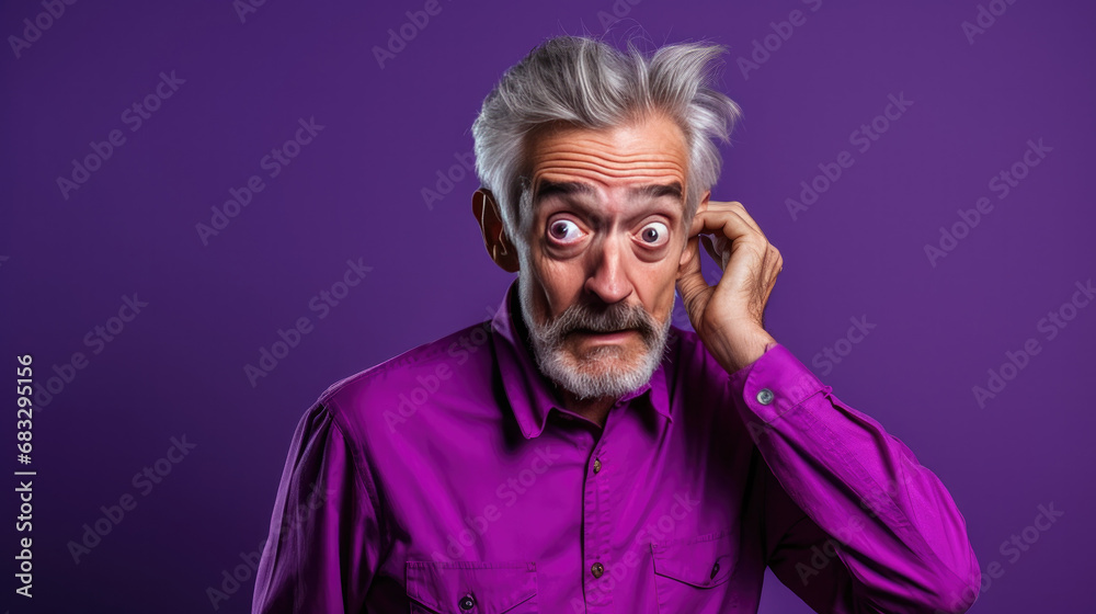 Bewildered 64 years old male writer, scratching head, wearing a Bright solid violet dress