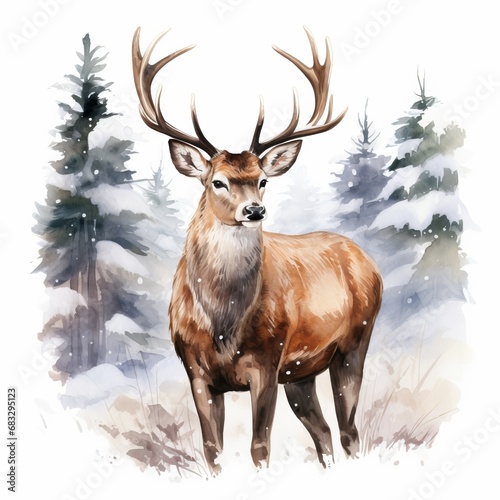 Hirsch Aquarell Winterwald Wildtier Portrait Majestätischer Hirsch Schneelandschaft Naturkunst Wandbild Waldtier Dekor Geschenkidee Hirsch Schnee Landschaft