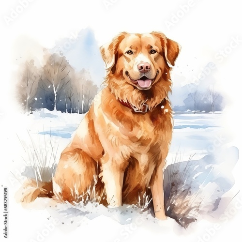 Hund Aquarell Winterlandschaft Haustier Glücklicher Hund Schnee Naturkunst Wandbild Familienhaustier Geschenkidee Tierfreunde Golden Retriever Schnee Landschaft