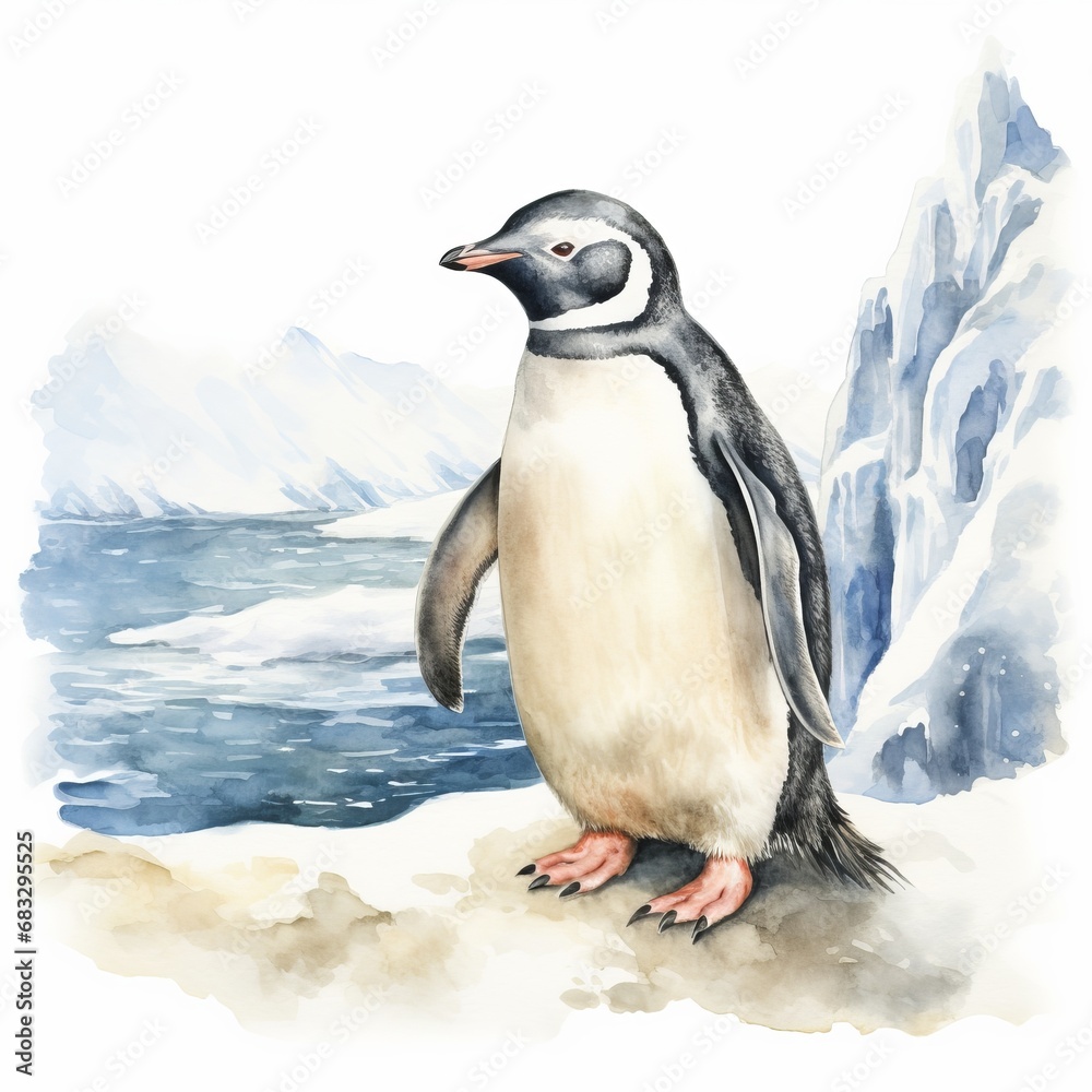 Obraz premium Pinguin Aquarell Illustration Antarktis Tierportrait Schnee Landschaft Wandbild Polar Vogel Kunstwerk Dekoratives Bild Geschenkidee Pinguin Schnee Landschaft