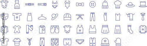 Clothes outline icons set, including icons such as Bikini, Bow, Belt, Beach Dress, Dress, Hat, Jeans, and more. Vector icon collection photo
