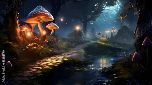 Magical forest with toadstools, concept art illustration