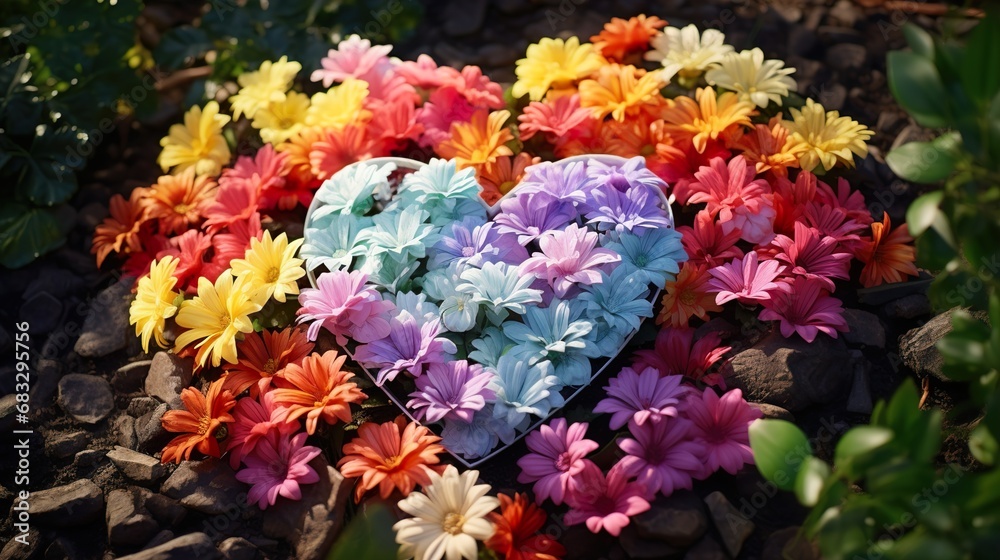 Pastel-colored 3D flowers arranged in a heart, leaving space for love captions. Pastel-colored 3D flowers arranged in a heart, leaving space for love captions.
