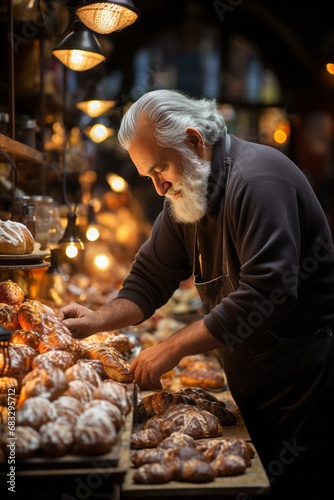 Shopper examining a selection of handcrafted artisan bread loaves at a bakery stall, Generative AI