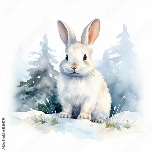 Schneehase Aquarell Tiere im Winter Kunstwerk Waldlandschaft Naturillustration Tierporträt Weißer Hase Schnee Landschaft Wandkunst Dekoration 