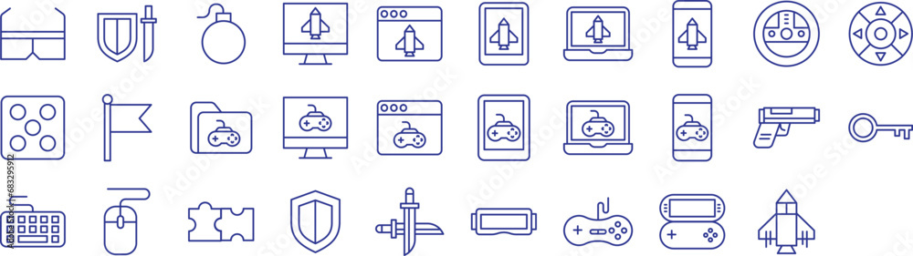Online gaming outline icons set, including icons such as Controller, Keyboard, Key, Gun, Mouse, and more. Vector icon collection