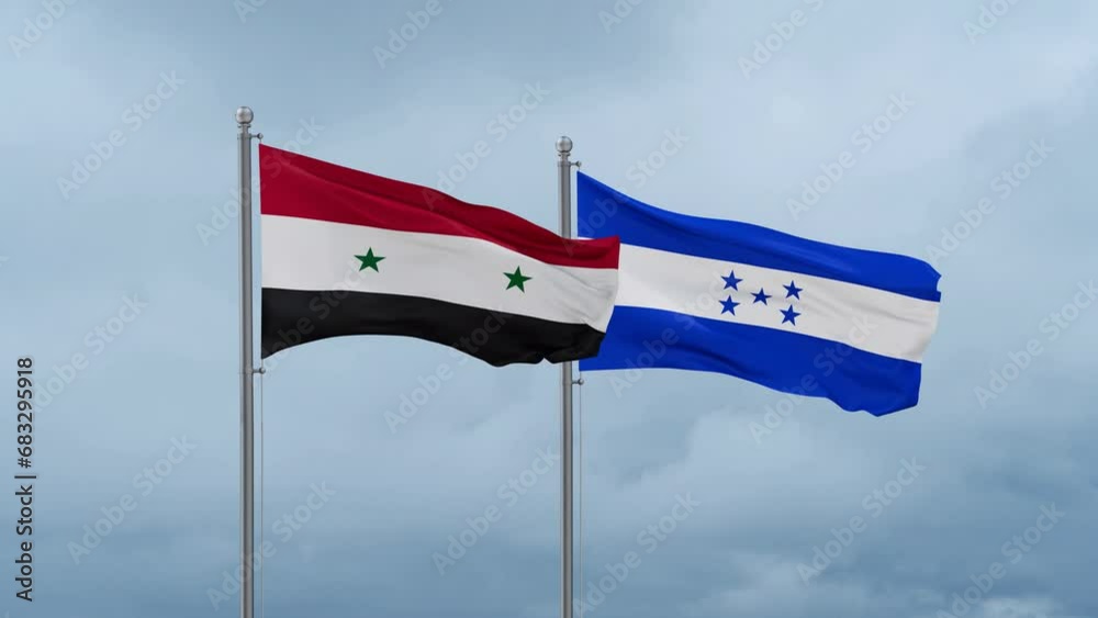 Honduras flag and Syria flag waving together on cloudy sky, endless seamless loop, two country relations concept Honduras flag and Syria flag waving together on cloudy sky, endless seamless loop, two country relations concept