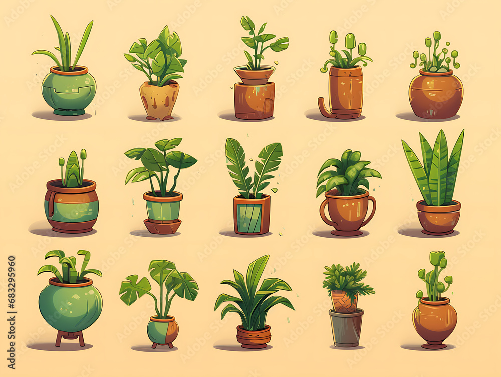 Different types of green potted plants in different pots