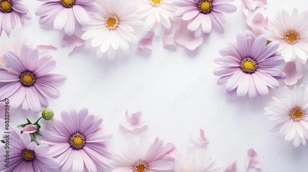 Hello Spring Elegance: beauty of spring with a flat lay featuring daisy and lilac flowers.
