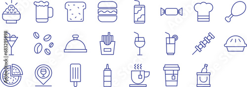 Food and drinks outline icons set, including icons such as Rice bowl, Beer, Bread, Burger, Candy, and more. Vector icon collection