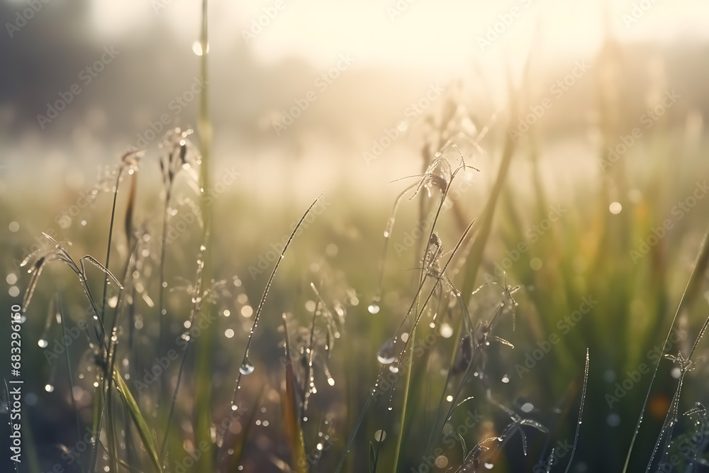 Soft blurred natural picture with wild grass in morning dew on spring summer meadow in light pastel colors