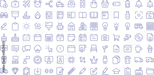 Essential and Ui outline icons set, including icons such as Battery, Alarm, Coat, Bulb, Bright, Binocular, Chef, and more. Vector icon collection