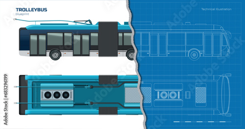 Isolated trolleybus drawing. 3d urban transport blueprint. Top, side view of outline electricity vehicle. Trolley bus mockup