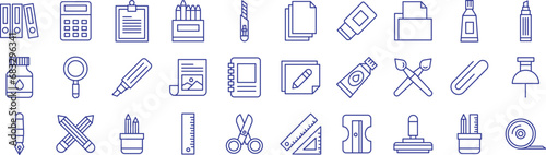Art and craft tools outline icons set, including icons such as Binders, Calculator, Clipboard, Crayons, Cutter, and more. Vector icon collection photo