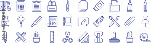 Art and craft tools outline icons set, including icons such as Binders, Calculator, Clipboard, Crayons, Cutter, and more. Vector icon collection