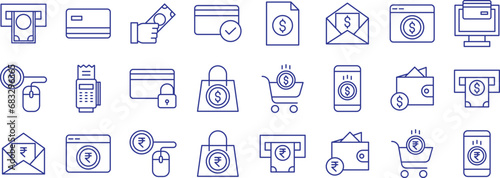 Budget and Money investment outline icons set, including icons such as Atm Card, Atm, Cash Payment, File, Invoice, and more. Vector icon collection photo