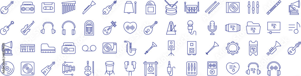 Music instrument outline icons set, including icons such as Banjo, Cassette, Drumsticks, Drum, Guitar, and more. Vector icon collection - obrazy, fototapety, plakaty 