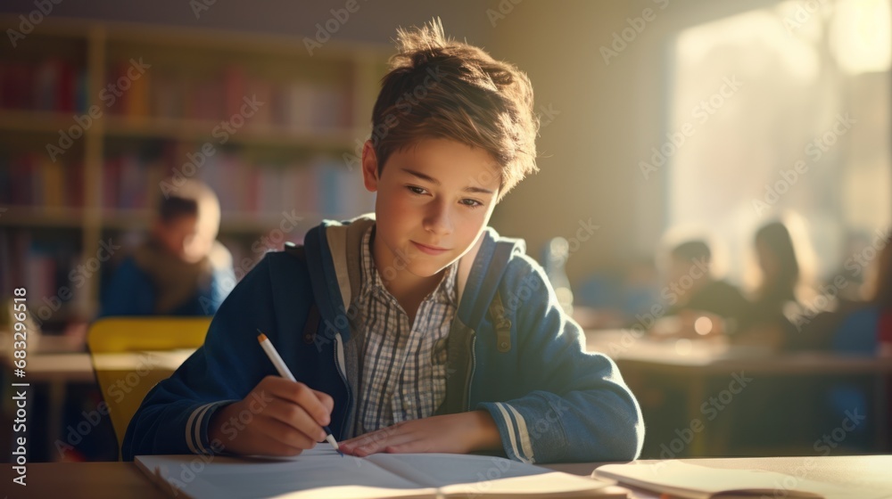Happy children study in the classroom. Caucasian girl learn at school. Learning and education concept. Happy children study in the classroom. Caucasian girl learn at school. Learning and education concept.