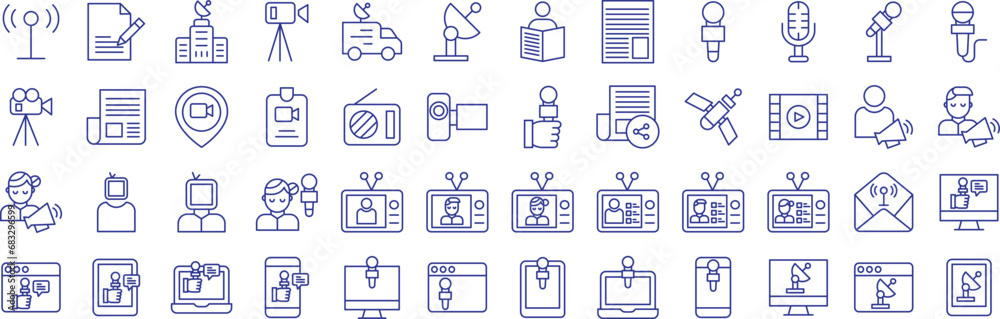News broadcasting outline icons set, including icons such as Announcement, Antenna, Archive, Camera, Car, Dish,, and more. Vector icon collection News broadcasting outline icons set, including icons such as Announcement, Antenna, Archive, Camera, Car, Dish,, and more. Vector icon collection