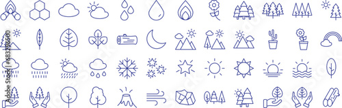 Plant and nature outline icons set, including icons such as Campfire, Cells, Cloud, Drop, Flame, Insect, Forest, and more. Vector icon collection