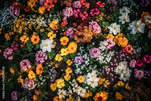 Many different colorful flowers growing outdoors, above view. Spring season