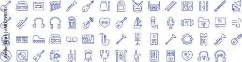 Music instrument outline icons set, including icons such as Banjo, Cassette, Drumsticks, Drum, Guitar, and more. Vector icon collection