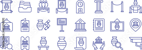 Museum outline icons set  including icons such as Antiquity  Auditorium  Canvas  Column  Exhibition  Information  and more. Vector icon collection