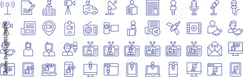 News broadcasting outline icons set, including icons such as Announcement, Antenna, Archive, Camera, Car, Dish,, and more. Vector icon collection photo